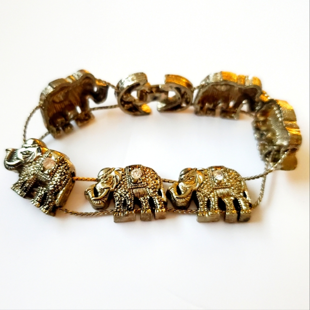 Vintage Bejewelled Elephant Slider Charm Bracelet Rhinestones Rustic Tribal Boho
